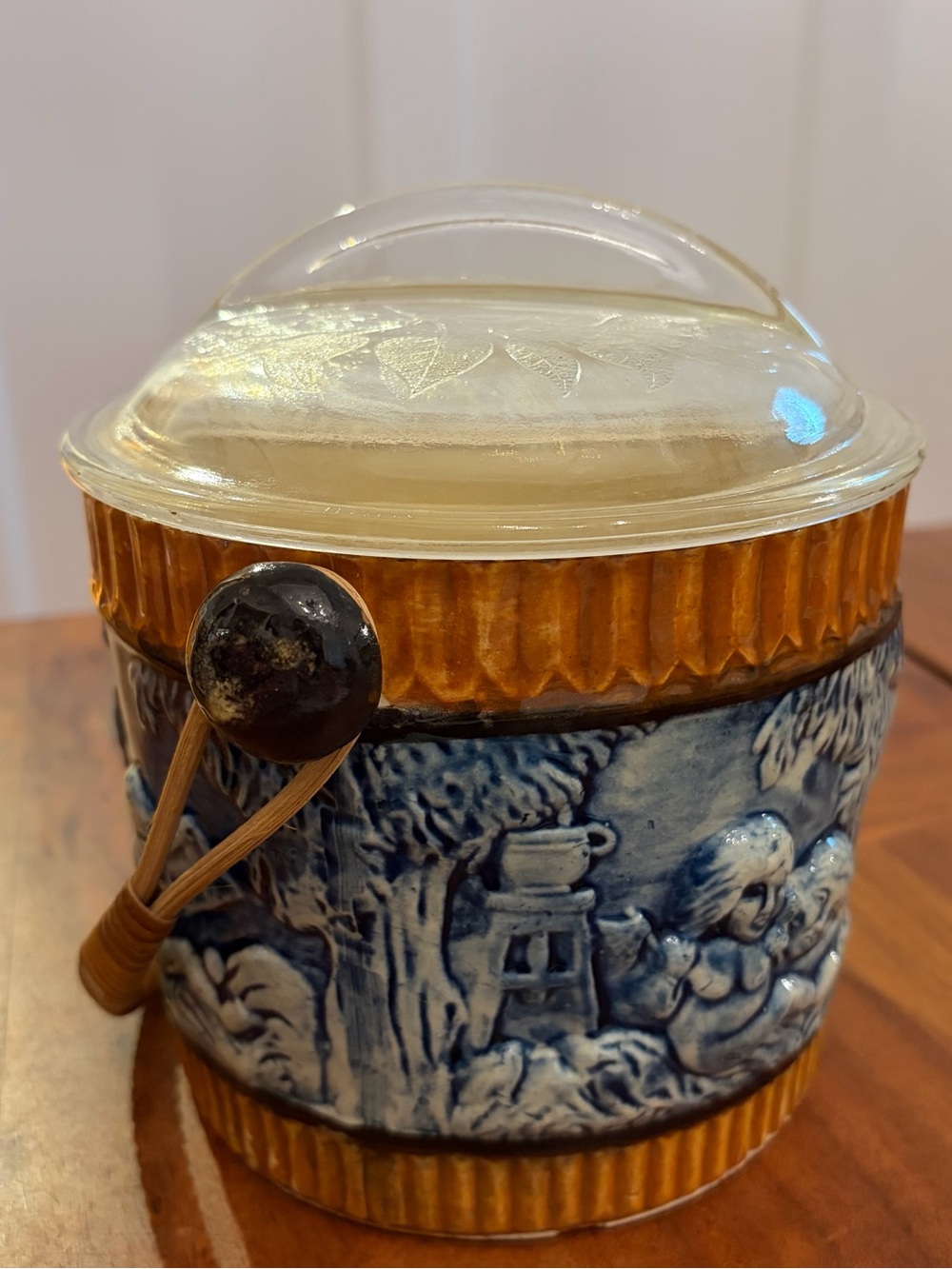 Vintage Japanese Majolica Cherub Biscuit Barrel Cookie Jar Wicker Handle & Lid